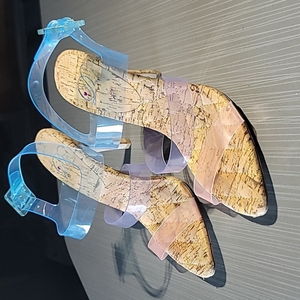 D Heart Multi-Color Transparent Strappy &‎ Cork Heels Women's 6 NWT